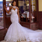Fishtail Sexy Light Wedding Sleeveless V-Necked Sling Main Wedding Dress Bare Back Large Wedding Dress White Lace Waist HZ0517