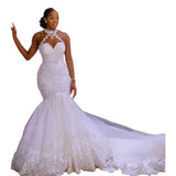Fishtail Sexy Light Wedding Sleeveless V-Necked Sling Main Wedding Dress Bare Back Large Wedding Dress White Lace Waist HZ0517