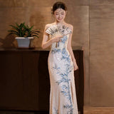 New Chinese Style Cheongsam Evening Dress Dress High-End Luxury Women's Morning Robe Bridal Banquet Toast Fish Tail Light Wedding Dress HZ0517