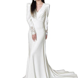 French Long-Sleeved Light Wedding Dress Bride High-End Feeld With The Faucet V. Simple Fish Tail Autumn And Winter Go Out Yarn White Dress Dress HZ0517