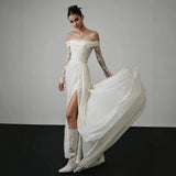 French Long-Sleeved Bridal Lace Light Wedding Dress 2026 New One-Word Shoulder Retro Linen Fishtail Dress HZ0517