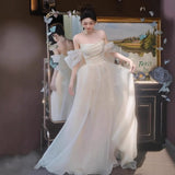 One-Word Shoulder Light Wedding Dress Half-Perspective New French Fairy Morning Robe Bride Married Yarn Tective Engagement Dress HZ0517
