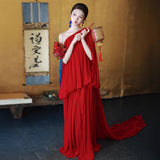 Red One-Shoulder Morning Robe Female Bride High Sense Small Simple Engagement Evening Dress Temperament Light Luxury Wedding Toaster HZ0517