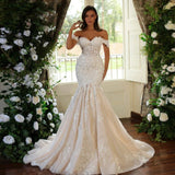 One-Word Shoulder Wedding Dress French Fish Tail 2026 Spring New Thin Temperament Lace Light Wedding Dress HZ0517