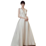 French Retro Fasciless Light Wedding Dress Wedding Maids V-Neck Hauling Heavy Industry Light Luxury White Show Back Evening Dress HZ0517