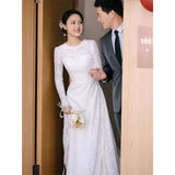 French Lace Wedding Dress 2026 New Bridal Atmosphere Simple Long-Sleeved Summer Welcome Yarn Small Tail Wedding Dress HZ0517