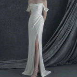 One-Word Shoulder Light Wedding Dress 2026 New French-Style Fasing Wedding Welcome To Go Out Yarn Simple White Evening Dress HZ0517