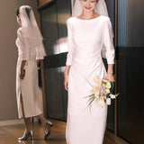French-Style Long-Sleeved Light Wedding Dress Small Bride Certificate Registration Small White Dress Temperament White Engagement Dress Dress Dress HZ0517