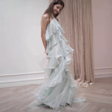 Holiday Wind Hanging Neck Dress Bride Married Out Yarn Toasting Female Famous Lady Qianjin Super Fairy Leaves Side Dress HZ0517