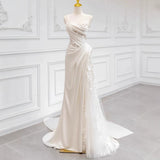French Light Wedding Dress Bride Slanted Shoulder Linen Yarn Lace Bra Toast Dress Small Tail Welcome Dress HZ0517