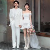 French Light Wedding Dress Bride High-End Feeld With The Density Certificate Registration Small White Dress A Word Shoulder Yarn Engagement Dress Woman HZ0517