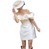 A Word Shoulder White Dress High-End Small Small Short Dress Certificate Small White Dress Small Dress Small Dress Small Dress Can Wear Daily HZ0517