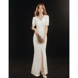 White Evening Dress Light Luxury Niche Banquet Temperament Can Usually Wear Sexy Fish Tail Certificate Registration Small White Dress Dress HZ0517