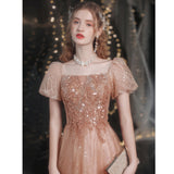 Golden Bubble Sleeve Dress Women's 2026 New Banquet Performance Chorus Stage Show Wedding Beauty Evening Dress HZ0517