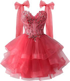 Layered Tulle Back To School Dress Sparkling Lace Decals Bow Strap Teen Short Prom Dress HZ0517
