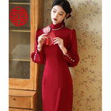 New Chinese Vintage Dress Bride Long Sleeve National Style Bride Red Wedding Long Banquet Dress HZ0517