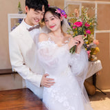 French High-End Lace Wedding Dress Long Sleeve Cover Arm Sen Series Super Fairy Shoulder Yarn Bride Wedding Dress Dress HZ0517