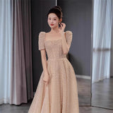 Champagne High-End Evening Dress Light Luxury Niche Banquet French-Style Squint Elegant Host Fairy Dress HZ0517