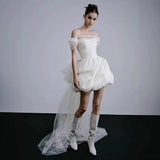 French Travel Photo Wedding Dress A Word Shoulder-Sand-Faced Bridal Short Certificate Registration Small White Dress Engagement Dress HZ0517