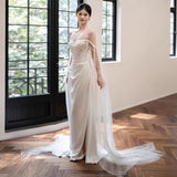 One-Word Shoulder-Singed Fish-Tailed Light Wedding Dress French-Style Niche Go Out Yarn Super Xiansen Family Travel Light Dress Sexy Open Fork HZ0517