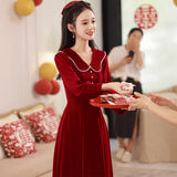 The Turn-Back Back Door Usually Can Wear A Toasting Dress Bride 2026 New Wine Red Long-Sleeved Engagement Dress Dress Woman HZ0517