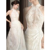 Hanging Neck Light Wedding Bridal Fishtail Lace Go Out White Retro French Welcome Evening Dress Temperament Evening Dress HZ0517