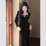 Black Velvet Evening Dress Woman 2026 New High-Level High-Level Banquet Temperament Famous Fishtail Skirt HZ0517