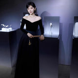Evening Dress Black Shoulder Atmospheric Host Music Student Ceremony Banquet Punt Skirt HZ0517