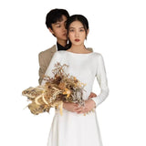 French Light Wedding Dress Long Sleeve Temperament Thin Bride Go Out Yarn White Fascling Long Evening Dress HZ0517