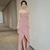 Pink Morning Dress Temperament Light Luxury Sexy Braking Long Open-Fork Banquet Dress Female Bride Engagement Dress HZ0517