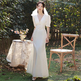 French White Evening Dress Femininity Banquet Sexy Fishtail Dress Long Host Small V-Neck Dress HZ0517