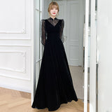 New Chinese Long-Collared Black Evening Dress Light Small Lace Hollow Long Sleeves Can Wear A Dress HZ0517