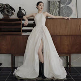 French-Style Seduced Light Wedding Dress Bride Simple Hanging Neck Dress Mori Travel To Shoot Super Fairy White Yarn Evening Dress HZ0517