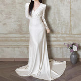 French Long-Sleeved Light Wedding Dress Bride High-End Feeld With The Faucet V. Simple Fish Tail Autumn And Winter Go Out Yarn White Dress Dress HZ0517