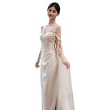 One-Word Shoulder-Singed Fish-Tailed Light Wedding Dress French-Style Niche Go Out Yarn Super Xiansen Family Travel Light Dress Sexy Open Fork HZ0517