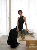 Korean Hepburn Evening Dress Birthday Banquet Temperament Ceremony Host Hanging Back Black Small Tail Dress HZ0517