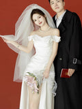 One-Word Shoulder Evening Dress Female Niche Light Luxury Banquet Temperament Graduate Adult Ceremony Certificate Registration Small White Dress Light Wedding Dress HZ0517