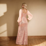 New Women's Sexy Double U-Neck Long Sleeve Shiny Evening Dress Chiffon Spliced High Open Wrinkles Long Skirt HZ0517