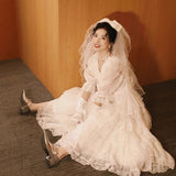 French Bride Light Wedding Dress White Lace In The Escape Princess Ponpable Skirt Retro Style Welcome Out Of The Light Wedding Dress HZ0517