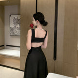 French Evening Dress Hepburn Style Dress Sexy Bare Back Sling Dress High Feeling Black Waist Skirt HZ0517