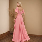2026 New Square Neck Short Sleeves With Bare Back Pink Evening Dress A Word Lychee Splicing Chiffon Valentine's Day Party Dress HZ0517