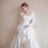 Site Long-Sleeved Light Wedding Dress Bridal French High-Grade White Simple Hepburn Style Go Out Yarn Tail Welcome Dress HZ0517