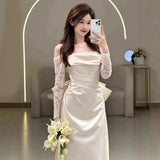 French-Style Fasley-Faced Shoulder-To-Shoulder Lace Long-Sleeved Dress High-Grade Sense Of Niche Temperament Simple Evening Dress HZ0517