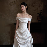 One-Word Shoulder-Sense Sabled Face Light Wedding Dress French White Fading High-End Feel Tailing Dress Temperament Welcome Engagement Yarn HZ0517