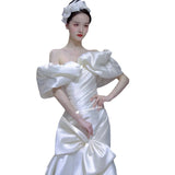French Light Wedding Dress 2026 New Simple Densified White Atmosphere Feel Fishtail Skirt Shoulder Design Outdoor Wedding Dress HZ0517