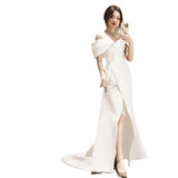 One-Word Shoulder Evening Dress Sexy Open White Art Exam Solo Performance Suit Waist Fishtail Small Tail Light Wedding Dress HZ0517