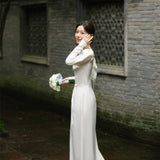 Korean Denoodle Light Wedding Dress White Simple Long Sleeve Yarn Bridal Temperament Fishtail Thin Evening Dress Woman HZ0517