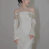 One-Word Shoulder Long-Sleeved Vertiny Face Light Wedding Dress Bride Goes Out Yarn Temperament Fishtail Simple French Engagement Wedding Dress Dress HZ0517