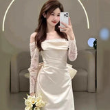 French-Style Fasley-Faced Shoulder-To-Shoulder Lace Long-Sleeved Dress High-Grade Sense Of Niche Temperament Simple Evening Dress HZ0517