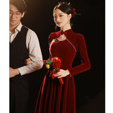 Long-Sleeved Cheongsam Toasting Bride 2026 New Engagement Dress Long Red Velvet Wedding Dress HZ0517